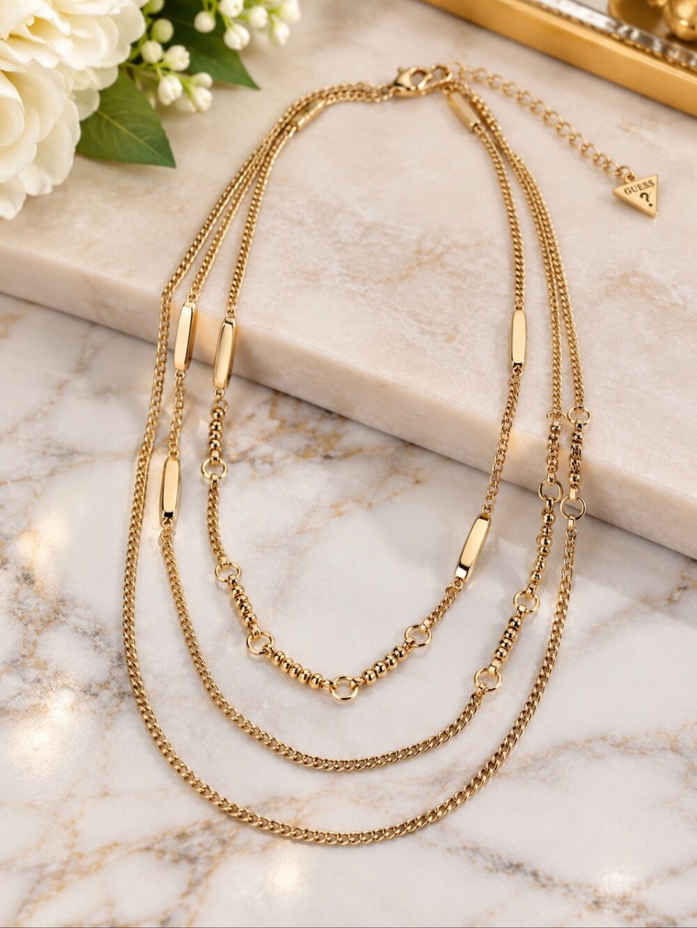 GUESS Gold Tone Triple Layered Chain Necklace Long WOMEN Statement Jewelry 22"